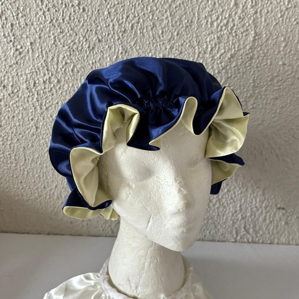 Reversible Satin Sleep Bonnet Hat – Navy & Yellow – Extra Large, Elastic Fit - Picture 11 of 16